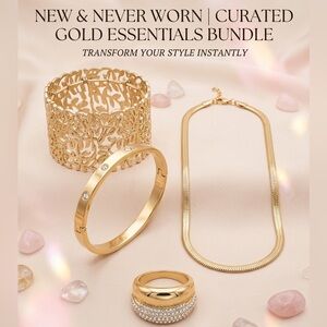 ✨ Chic Gold-Tone Essentials Bundle - Necklace, Bracelets & Ring Jewelry Set ✨